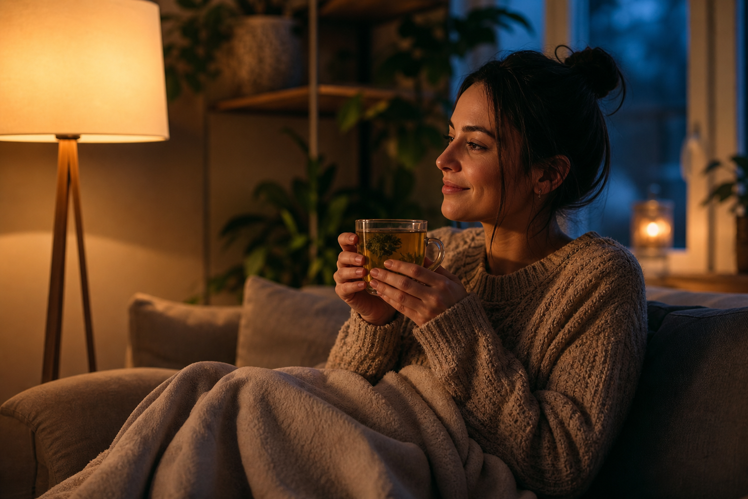 Cozy evening wellness space with tea and soft lighting for relaxation