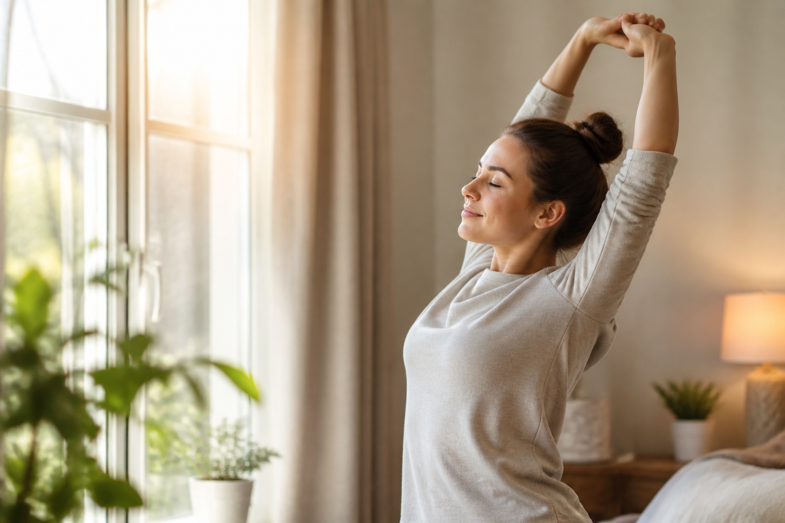 Person enjoying a calm morning wellness routine near a bright window